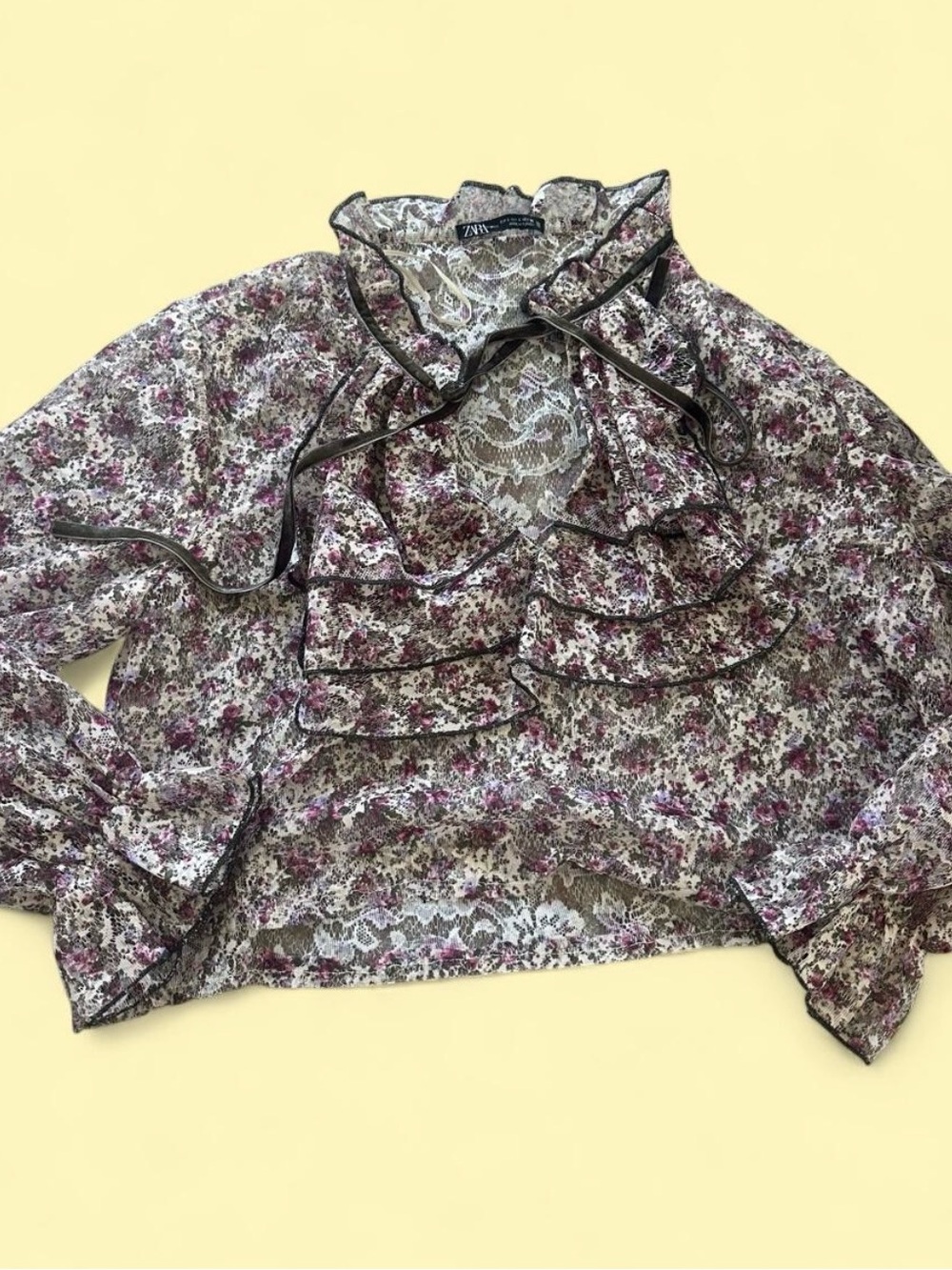 Zara Sheer Floral Ruffle Blouse in Cream